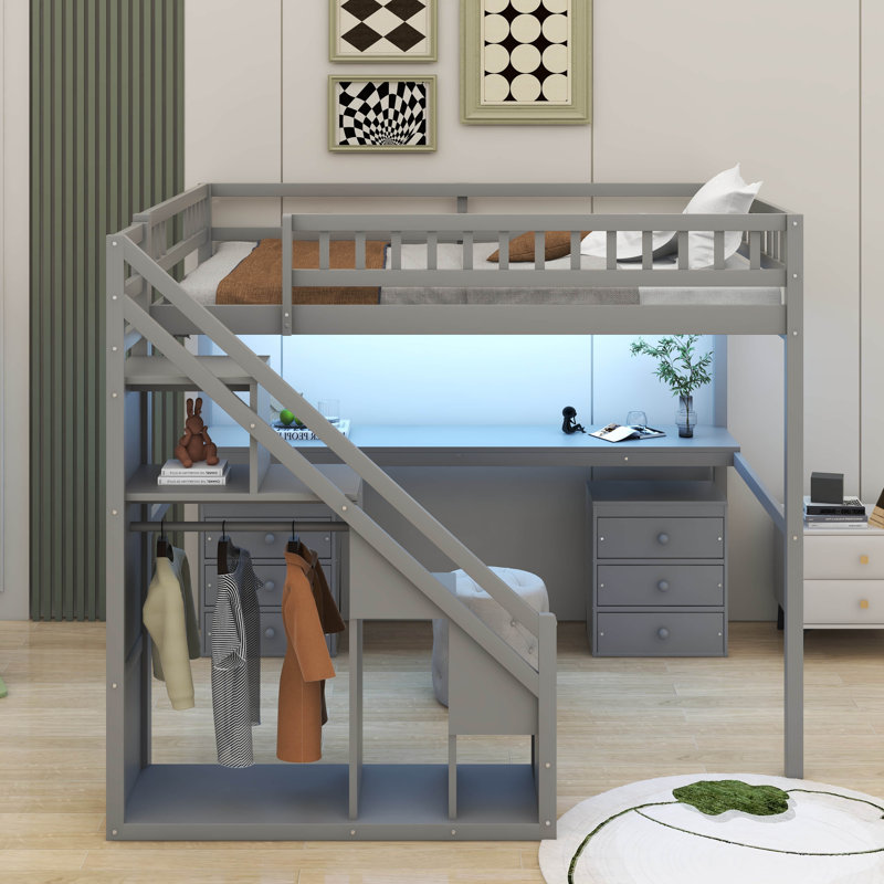 Lit mezzanine avec deux commodes, bureau et bande lumineuse, Double, gris
