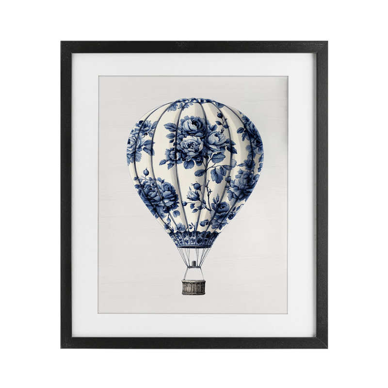 Reproduction sous verre rétro encadrée d'une montgolfière, H 16 po x l 13 po, Cadre noir minuit
