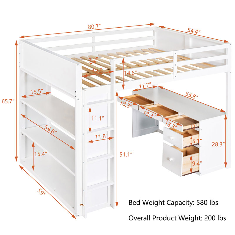 Loft Bed With Built-In Desk And Storage, White, Full