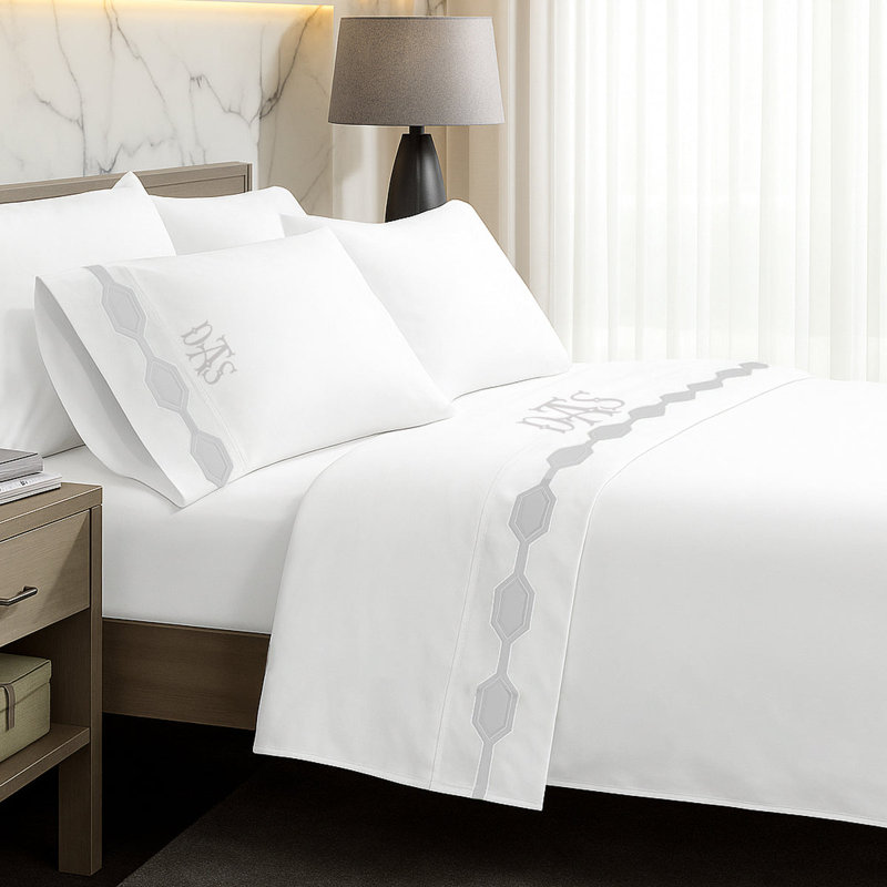 Monogram Hexagonal Applique Border Cotton Sheet Set, California King Sheet Set, Yes
