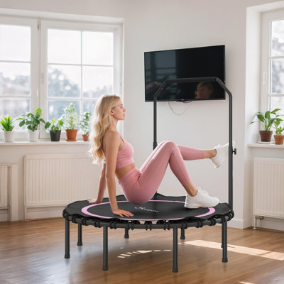Trampoline 48 po pour adultes Re rebond 48 po, mini trampoline pliable de 440 lb avec poignée réglable, appareil d'entraînement de saut à l'élastique silencieux et sécuritaire pour l'entraînement en salle à l'extérieur, rose
