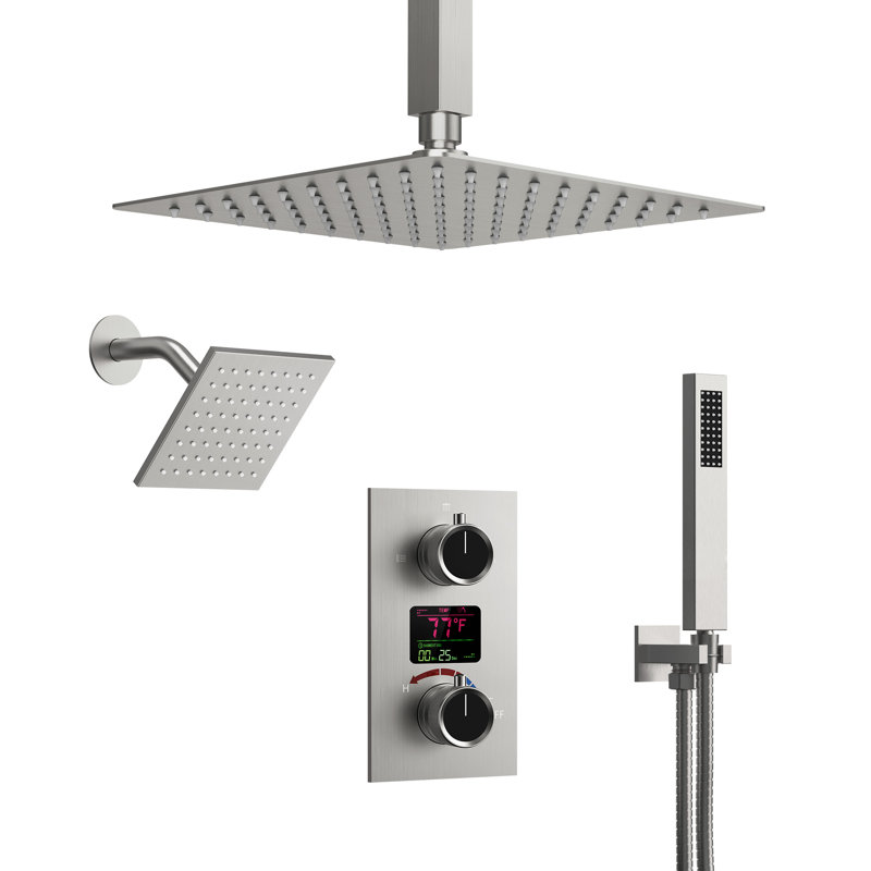 Dual Showerheads Digital Shower System, 12" Ceiling Mount Rainfall Shower Faucet with Handheld Shower, Brushed Nickel