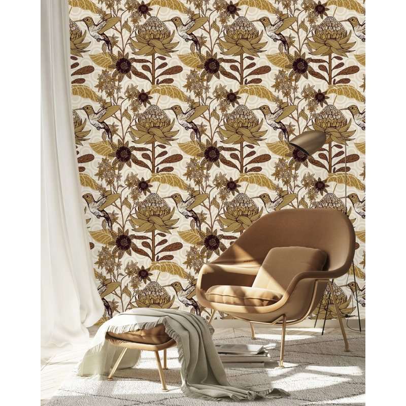 Panneau de papier peint auto-adhésif L 10,4 pi x l 25 po Birds And Flowers, Jaune/brun