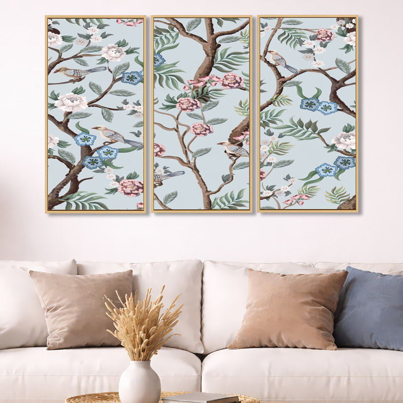 Chinoiserie avec oiseaux et pivoines, peinture sur toile 3 pièces, H 20 po x l 36 po, Cadre brun