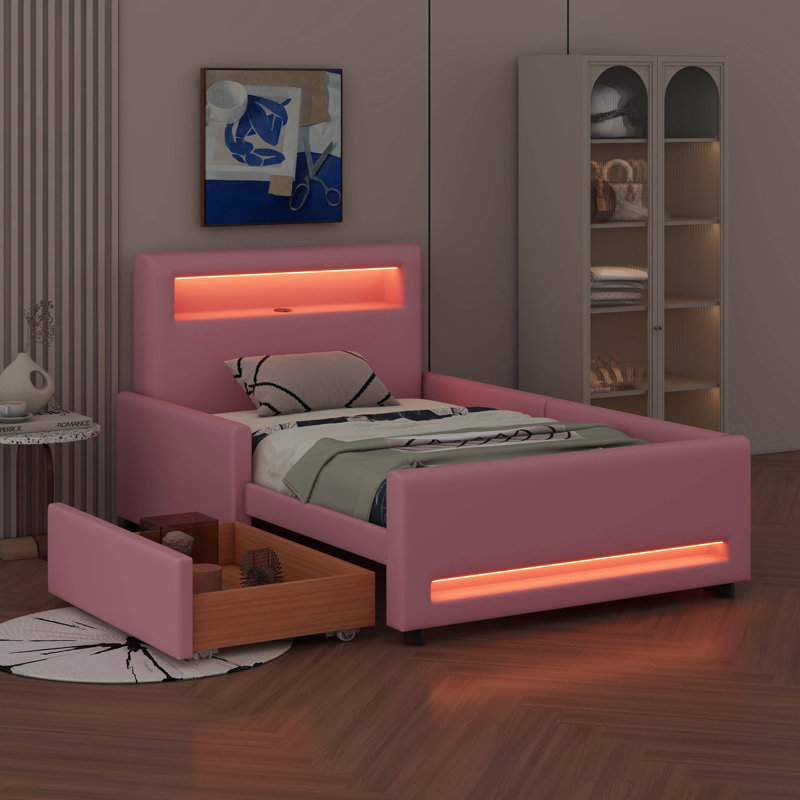 Lit plateforme simple rembourré avec tiroir intégré, bande lumineuse à DEL et port USB, Lit simple, Rose