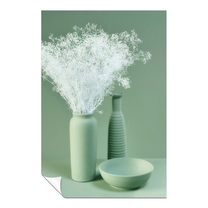 Pastel Green Bowl, Vase And White Bouquet - No Frame Print, 46cm H x 31cm W