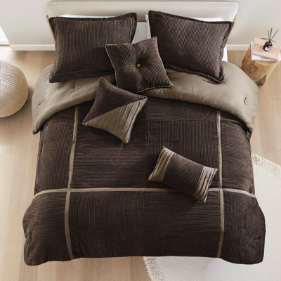 Édredon très grand Corduroy - 7 pièces, brun, chaud et doux, 1 édredon, 2 taies décoratives, 3 coussins, pièces de chambre à coucher de la zone de confort brun, literie douce et moelleuse