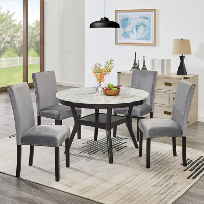 5-Piece Mella Dining Set - Round Faux Marble Table with 4 Gray Velvet Parsons Chairs -  Mercer41, 6F9DADB764BA4B0D86D5D468BE3302AB