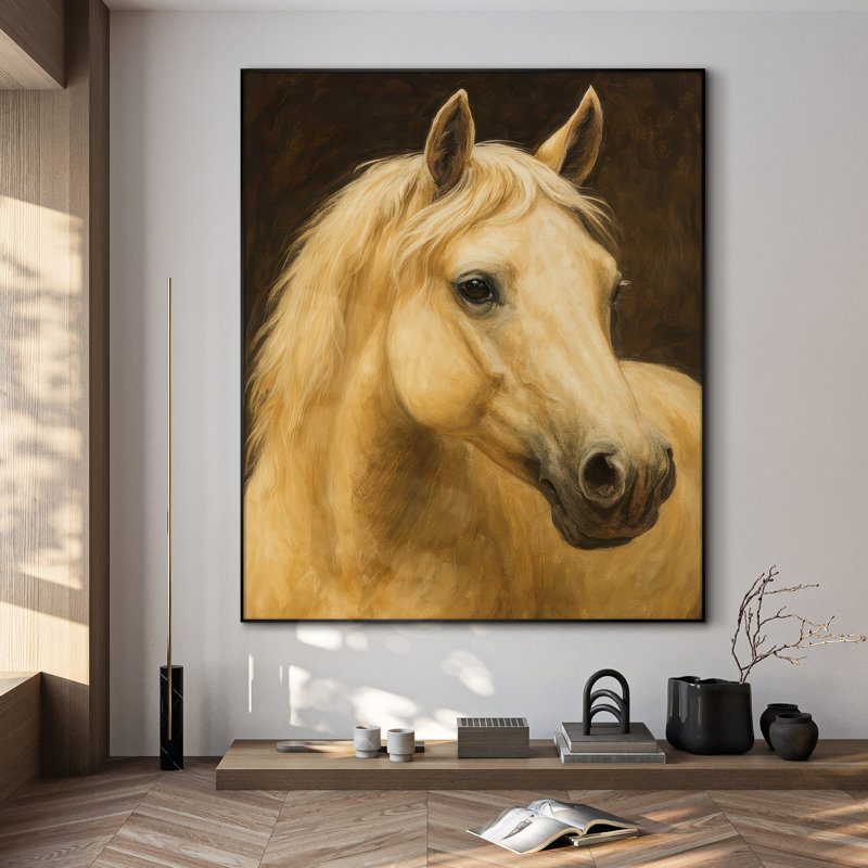 Très grande reproduction d'art sur toile - Portrait de cheval doré Palomino sur fond brun foncé, H 60 po x l 46 po
