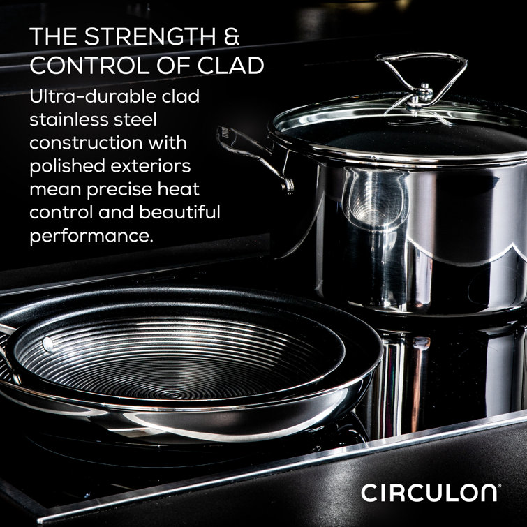 Circulon 3 Piece SteelShield C-Series Tri-Ply Clad Nonstick Chef Pan with Lid and Cooking Utensil Set, Silver