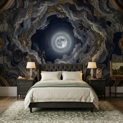Full Moon Wallpaper Storm Clouds Baroque Ceiling Removable Wall Decor