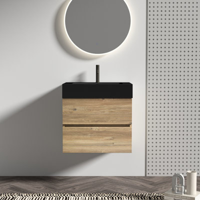 Meuble-lavabo mural, lavabo en chêne, grille noire, rangement accru de 20 %, panneaux latéraux en bois véritable style moderne du milieu du siècle, fontaine.