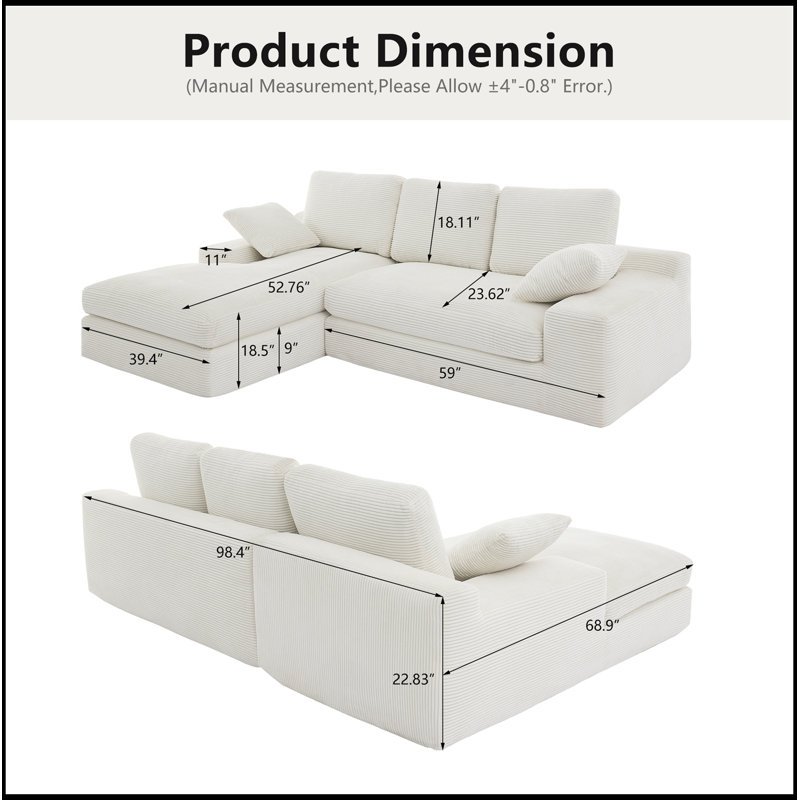 Canapé modulaire en L Corduroy avec 2 coussins et méridienne