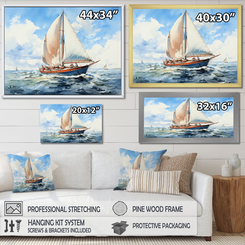 Voilier dans le vent II sur toile, Cadre simple blanc, H 12 po x l 20 po x P 1 po