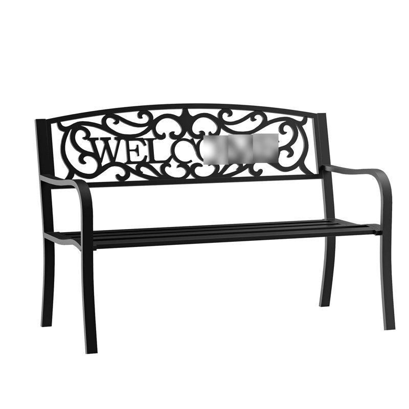 Banc d'extérieur en métal noir de 127 cm (50 po) avec assise à lattes pour jardin, porche, cour, entrée, revêtement antirouille, résistant à l'eau.