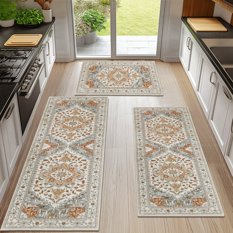 Tapis de cuisine rétro antidérapant (ensemble de 3), Beige/gris