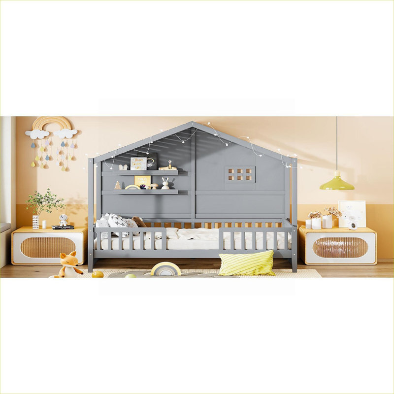 Structure de lit simple pour maison avec rangement, gris ardoise en bois massif avec tablettes intégrées et bande lumineuse sur le toit