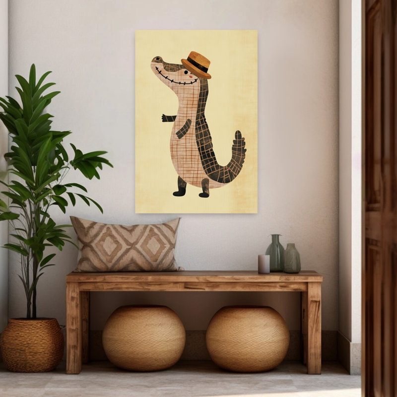 Smiling Gator In A Hat Playful Whimsical Contemporary Alligator Crocodile Wall Art Print by Mathieu - Wrapped Canvas Print