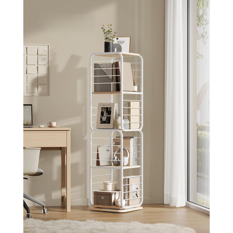 4-Tier Rotating Bookshelf, Bookcase With Bookends For Small Spaces, Corner Shelf, Steel Frame, White