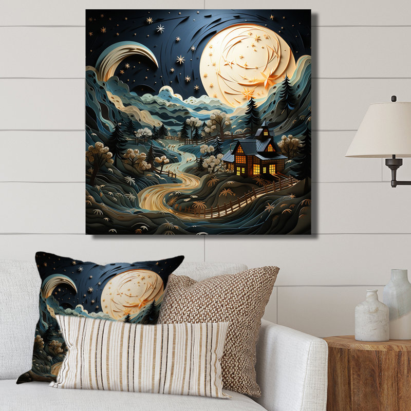 Paysage avec grange au clair de lune - impression, H 16 po x l 16 po x P 1 po, Toile tendue