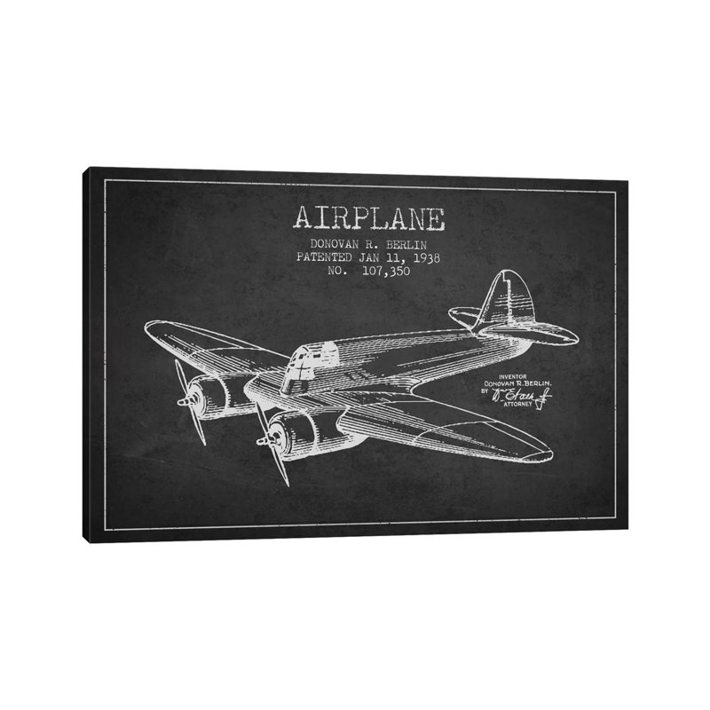 Plane Charcoal Patent Blueprint - Wrapped Canvas Print, 152.5 cm H x 101.5 cm W