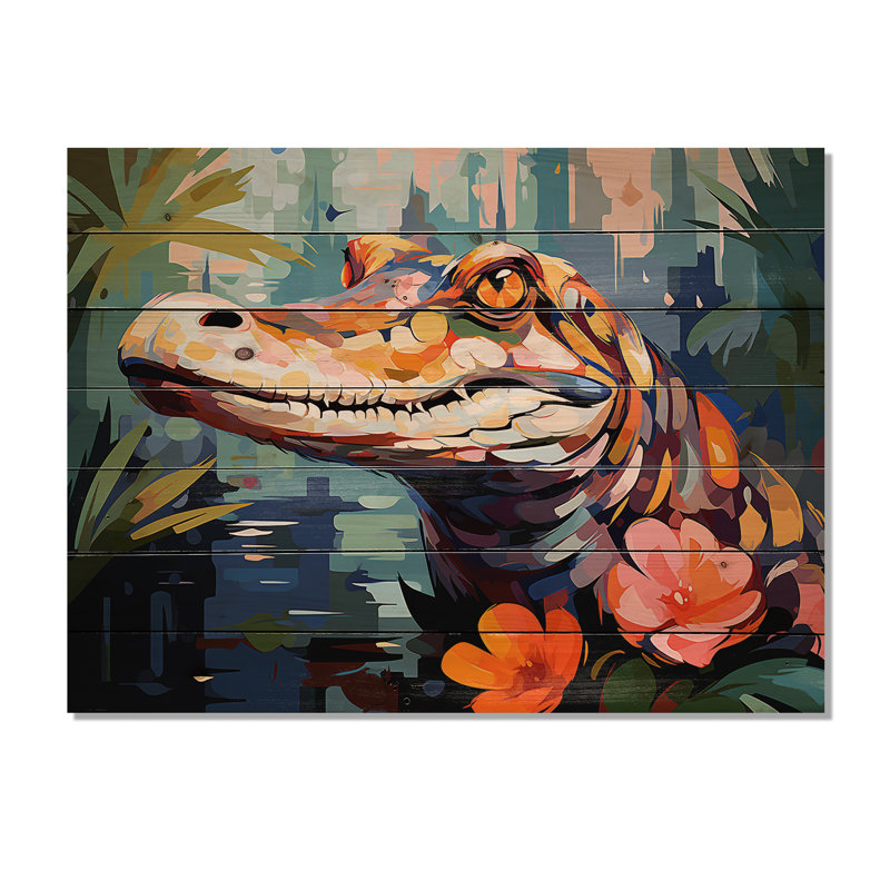 Popart alligator Blooms III - Crocodile sur bois, H 10 po x l 20 po