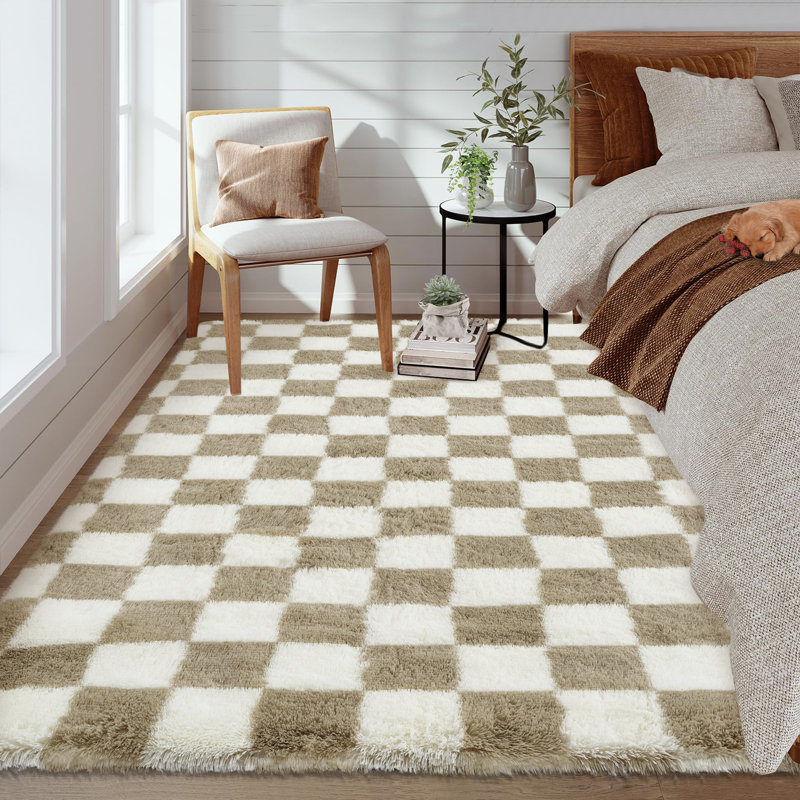 Soft Fluffy Large Rugs for Living Room Shaggy Area Rug Non Slip Modern Checkered Luxury Shag Plush Carpet for Kids Room Bedroom Dorm Home Decor