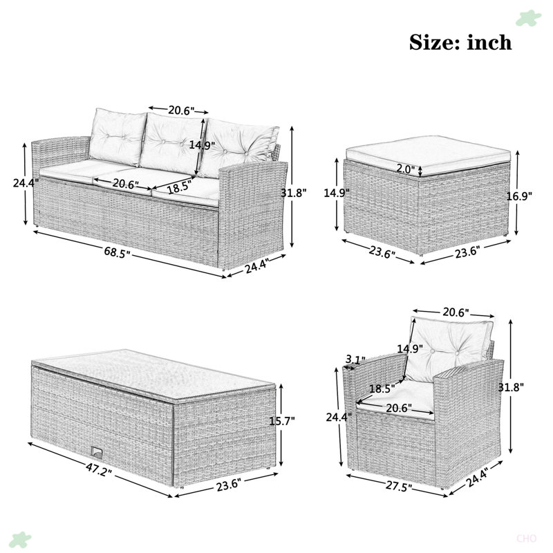 Ensemble de conversation modulaire en osier pour l'extérieur 6 pièces, Blanc