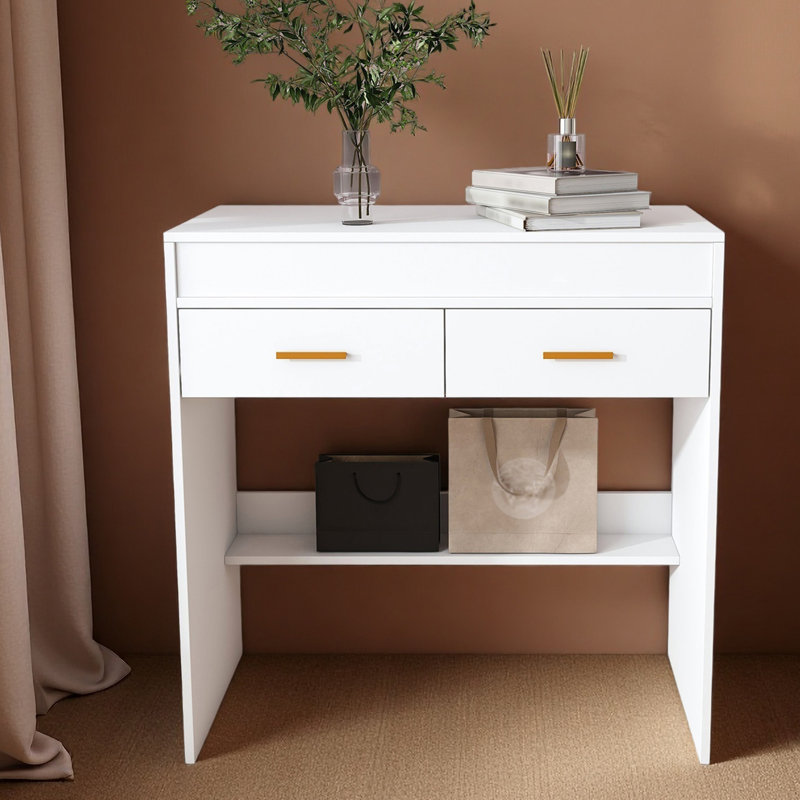 Bureau de meuble-lavabo rabattable avec miroir à DEL et prise de courant intégrée - coiffeuse de maquillage avec 2 tiroirs, rangement ouvert
