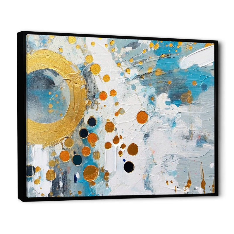 Combat abstrait sur toile bleu sarcelle et doré, Cadre flottant noir, H 30 po x l 40 po x P 1,5 po