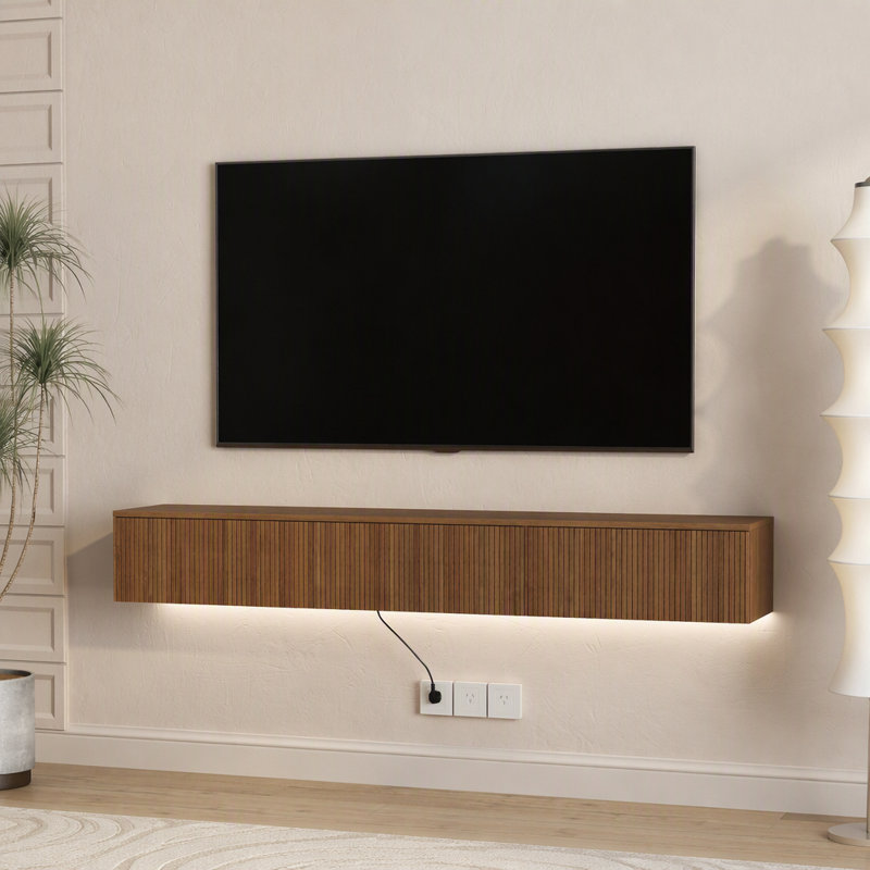 Meuble télé flottant, meuble télé mural avec 16 DEL de couleur pour téléviseur de 65 po, Brun