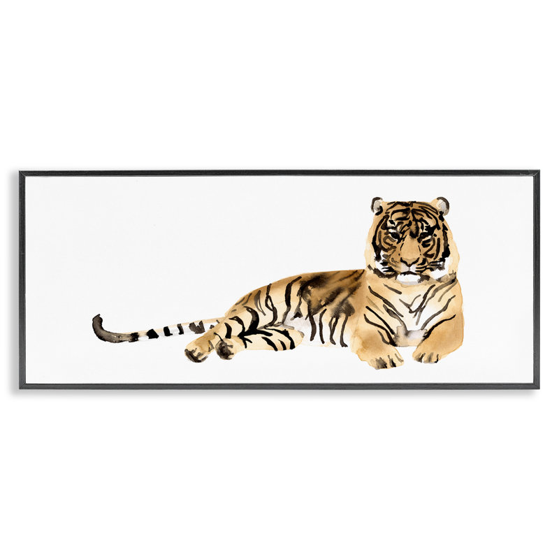 Tigre au repos à l'encre orange, estampe numérique par Victoria Borges, Giclée encadrée noir minuit, H 10 po x l 24 po