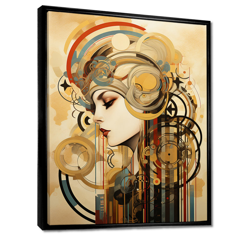 Portrait géométrique géométrique de femme Art déco, Cadre flottant noir, H 20 po x l 12 po