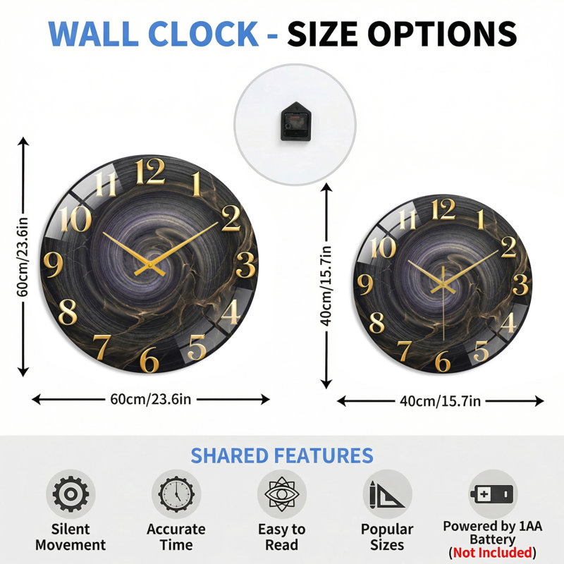 Horloge murale en marbre, 60 x 60 cm (23,6 x 23,6 pouces)