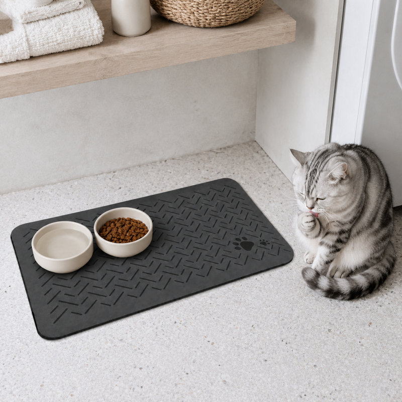 Tapis absorbant pour bol d'animaux en terre de diatomées avec dos en caoutchouc antidérapant, 15,8 po x 23,6 po, Gris foncé
