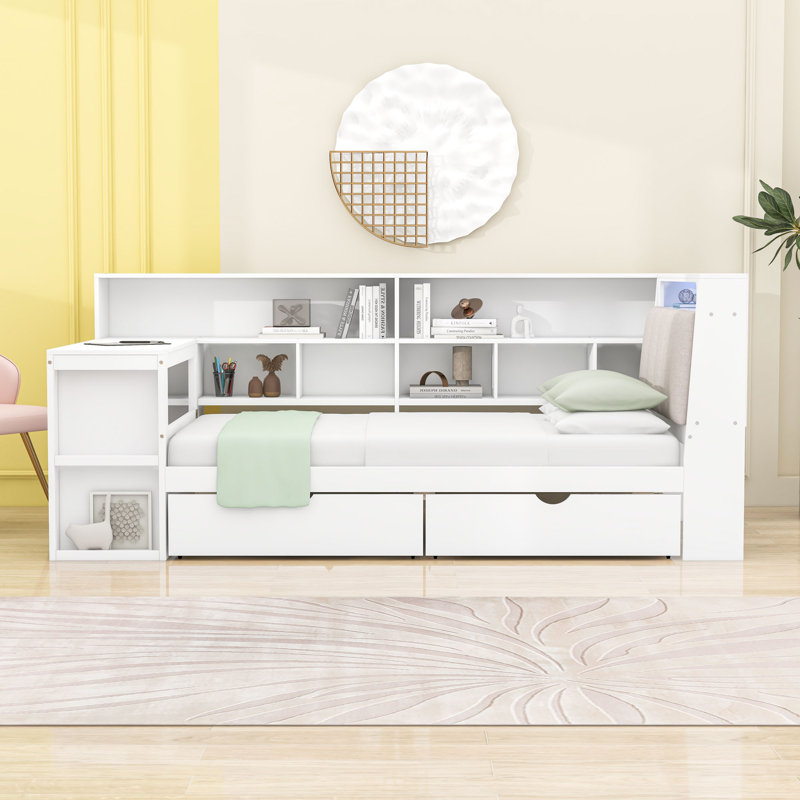 Lit de jour en L avec bureau intégré, tête de lit à lumière RVB et rangement caché, Lit simple, Blanc