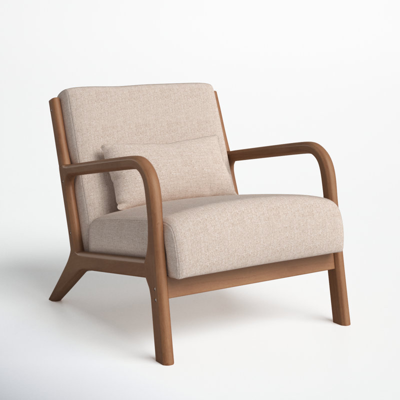 66cm Modern Solid Wood Frame Upholstered Accent Chair , Modern Armchair with Lumbar Support Pillow, Beige Linen