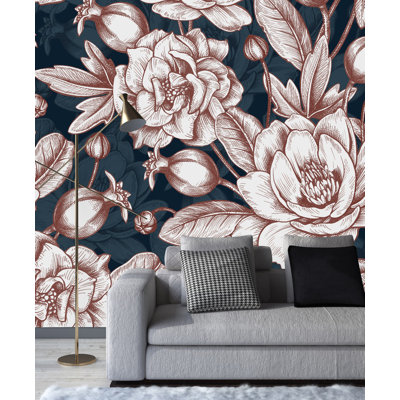 Red Barrel Studio® Dark Wallpaper With Large Flowers Floral Panel | Wayfair