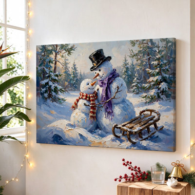 «Deux bonhommes de neige avec un traîneau», art mural moderne sur toile encadré noir, 16 po x 24 po, pour le salon et la chambre à coucher