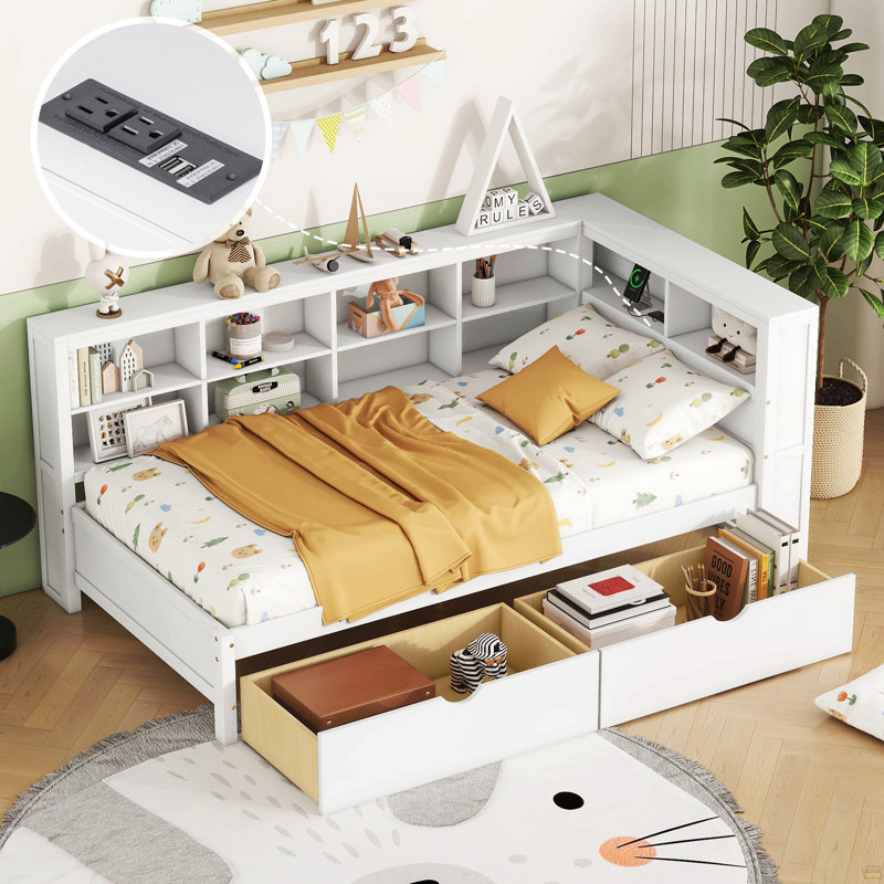 Wooden Twin Size Daybed With 2 Drawers, Daybed With Storage Shelf And USB Charging Ports, White