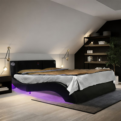 Queen Bed Frame With Faux Leather Upholstery, Led Lights, Connection, And Vibration Massage Upholstered Platform Music, Atmosphere