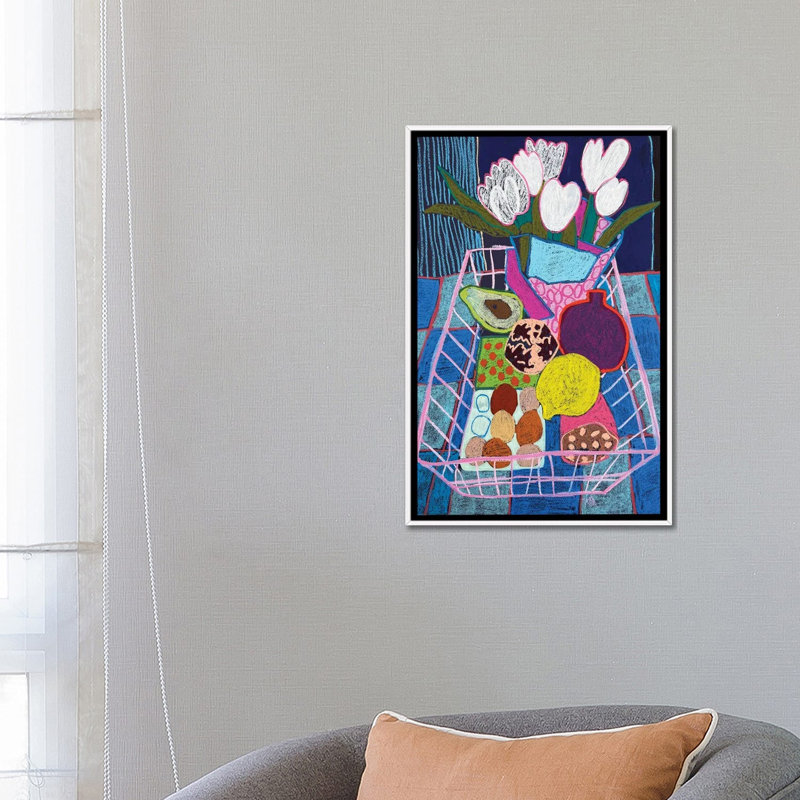 Pink Basket Still Life - Wall Art Print - Wrapped Canvas, 26" x 18", Framed Canvas, White