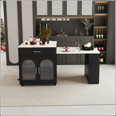 80-Inch Expandable Kitchen Island With Dining Table, Marble-Grain Countertop, Power Outlet, And Mobile Storage Cart