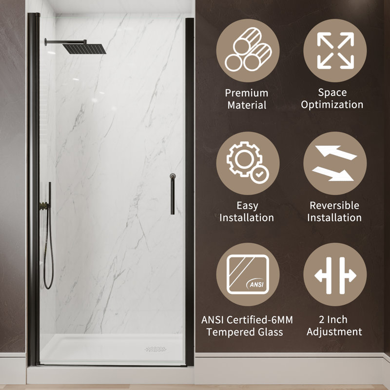 34-35.9 in. W x 72 in. H Pivot Swing Frameless Shower Door with Clear SGCC Tempered Glass, Matte Black