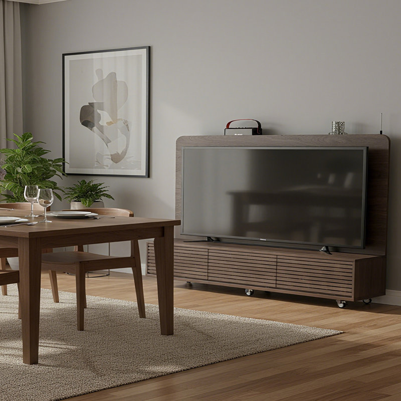 Mid-Century Modern Walnut Grain Finish TV Stand With Backboard ，3 Pull-Out Drawers With Slatted Drawer Fronts, Rolling Casters