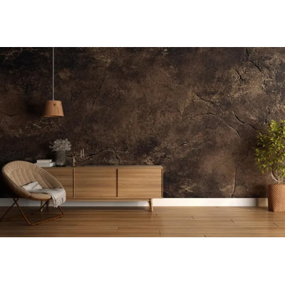 Dark Brown Cracked Stone Wall Mural – Rustic Aged Rock Texture Large Format Accent Wall Decor