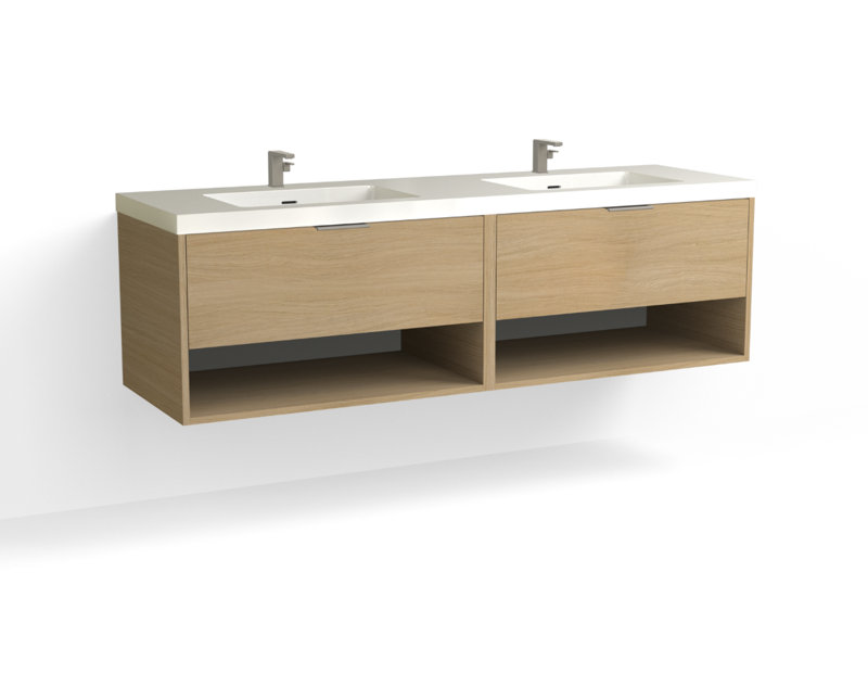 Modo 72" W Wall Mounted Double Bathroom Vanity, Glossy White/8" Widespread, Charred, Satin Brass