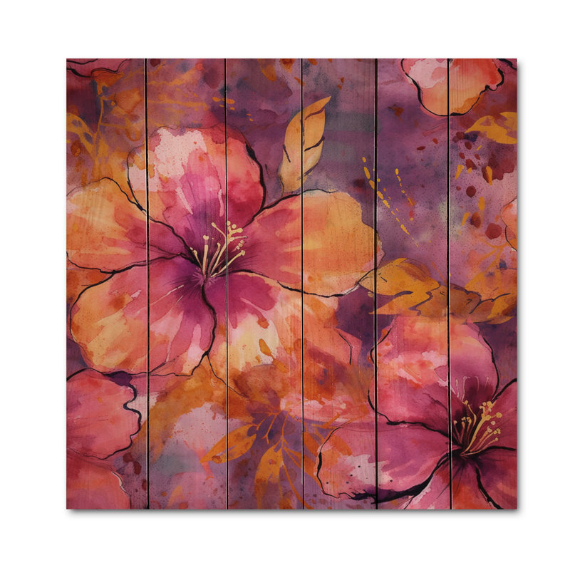 Pétales d'hibiscus orange mauve sur bois, H 15 po x l 15 po x P 0,78 po
