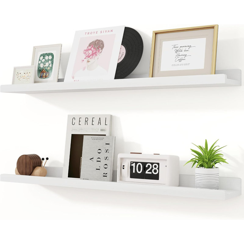 Tablettes latérales flottantes en bois massif avec rebord 36 pouces - Rangement mural pour le salon, la chambre de bébé, la salle de bain (ensemble de 2, blanc délavé)