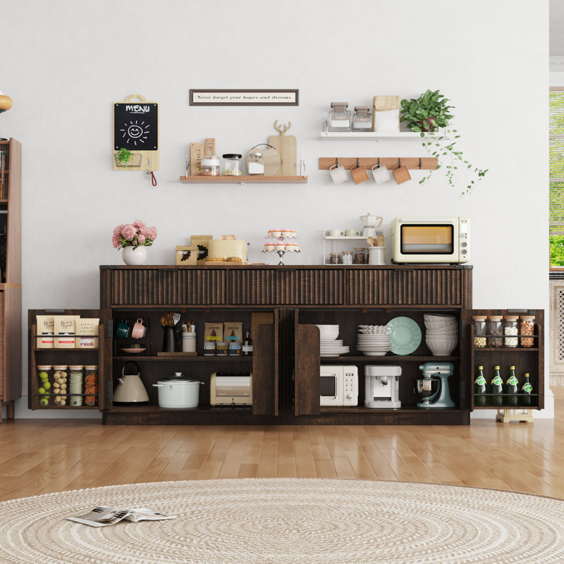 70” Large Curved Buffet Cabinet With 3 Storage Drawers And 4 Door Shelves, Kitchen Fluted Sideboard Cabinet With Load-Bearing Steel Pipe